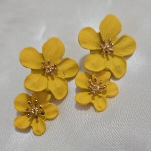 Korean Yellow Double Flower Drop Earrings